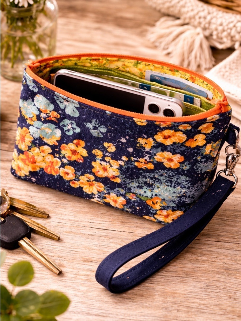 Handmade Floral Wristlet Clutch Zipper Pouch Wallet Navy Orange